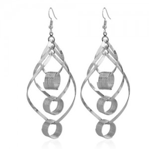 Linked Hollow Hoops Dangling Fashion Chunky Statement Earrings - Silver