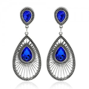 Gem Inlaid Hollow Waterdrop Fashion Vintage Stud Earrings - Blue