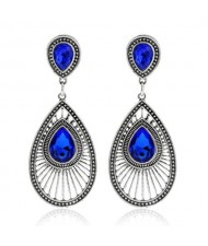 Gem Inlaid Hollow Waterdrop Fashion Vintage Stud Earrings - Blue