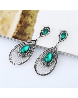 Gem Inlaid Hollow Waterdrop Fashion Vintage Stud Earrings - Green