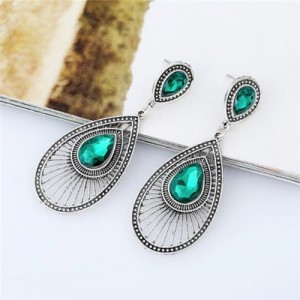 Gem Inlaid Hollow Waterdrop Fashion Vintage Stud Earrings - Green