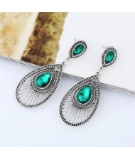 Gem Inlaid Hollow Waterdrop Fashion Vintage Stud Earrings - Green