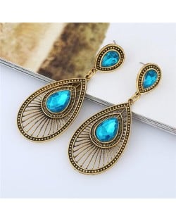 Gem Inlaid Hollow Waterdrop Fashion Vintage Stud Earrings - Aquamarine