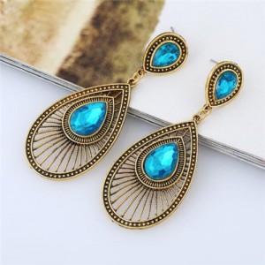 Gem Inlaid Hollow Waterdrop Fashion Vintage Stud Earrings - Aquamarine