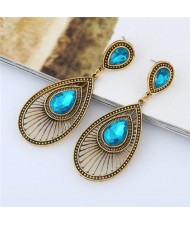 Gem Inlaid Hollow Waterdrop Fashion Vintage Stud Earrings - Aquamarine