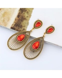 Gem Inlaid Hollow Waterdrop Fashion Vintage Stud Earrings - Red