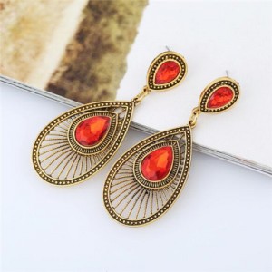Gem Inlaid Hollow Waterdrop Fashion Vintage Stud Earrings - Red