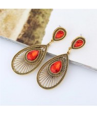 Gem Inlaid Hollow Waterdrop Fashion Vintage Stud Earrings - Red