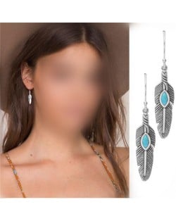 Turquoise Embellished Alloy Feather Design Women Fashion Earrings