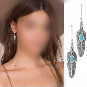 Turquoise Embellished Alloy Feather Design Women Fashion Earrings