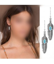 Turquoise Embellished Alloy Feather Design Women Fashion Earrings