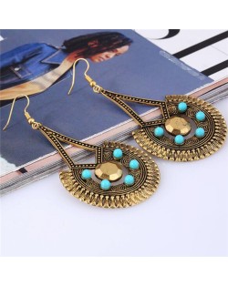 Mini Beads Decorated Folk Vintage Style Dangling Waterdrop Design Costume Earrings - Golden