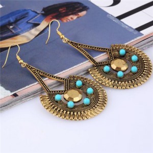 Mini Beads Decorated Folk Vintage Style Dangling Waterdrop Design Costume Earrings - Golden