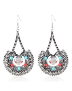 Mini Beads Decorated Folk Vintage Style Dangling Waterdrop Design Costume Earrings - Silver