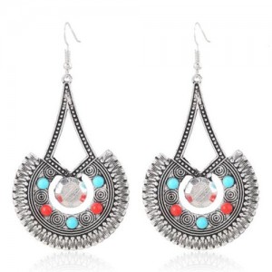 Mini Beads Decorated Folk Vintage Style Dangling Waterdrop Design Costume Earrings - Silver