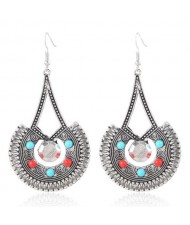 Mini Beads Decorated Folk Vintage Style Dangling Waterdrop Design Costume Earrings - Silver