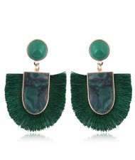 Acrylic Gem and Cotton Threads Combo Design High Fashion Stud Earrings - Green