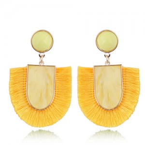 Acrylic Gem and Cotton Threads Combo Design High Fashion Stud Earrings - Yellow
