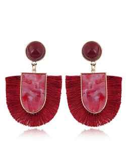 Acrylic Gem and Cotton Threads Combo Design High Fashion Stud Earrings - Red