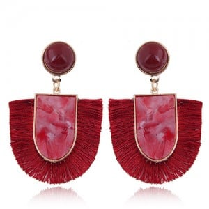 Acrylic Gem and Cotton Threads Combo Design High Fashion Stud Earrings - Red