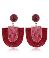 Acrylic Gem and Cotton Threads Combo Design High Fashion Stud Earrings - Red