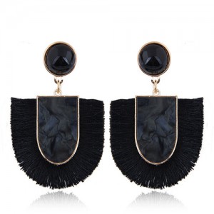 Acrylic Gem and Cotton Threads Combo Design High Fashion Stud Earrings - Black
