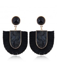 Acrylic Gem and Cotton Threads Combo Design High Fashion Stud Earrings - Black