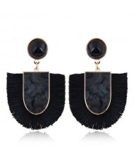 Acrylic Gem and Cotton Threads Combo Design High Fashion Stud Earrings - Black
