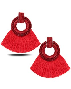 Studs Hoop Cotton Threads Tassel Fashion Women Costume Earrings - Red