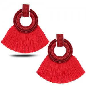 Studs Hoop Cotton Threads Tassel Fashion Women Costume Earrings - Red