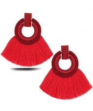 Studs Hoop Cotton Threads Tassel Fashion Women Costume Earrings - Red