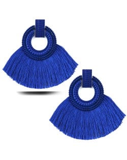 Studs Hoop Cotton Threads Tassel Fashion Women Costume Earrings - Blue