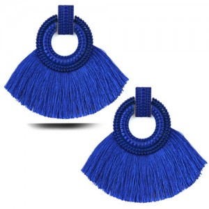 Studs Hoop Cotton Threads Tassel Fashion Women Costume Earrings - Blue