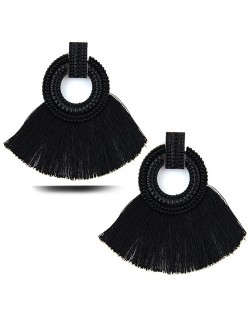 Studs Hoop Cotton Threads Tassel Fashion Women Costume Earrings - Black