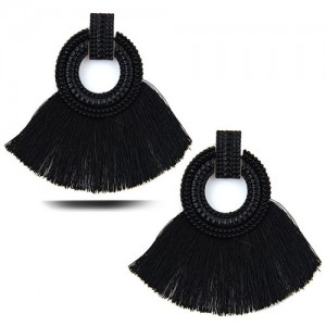 Studs Hoop Cotton Threads Tassel Fashion Women Costume Earrings - Black