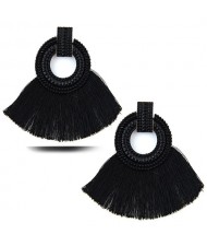 Studs Hoop Cotton Threads Tassel Fashion Women Costume Earrings - Black