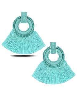 Studs Hoop Cotton Threads Tassel Fashion Women Costume Earrings - Teal