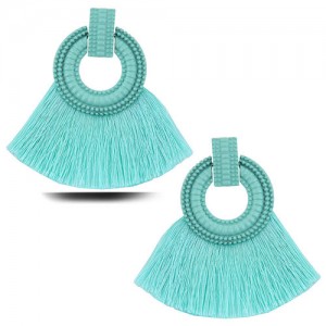 Studs Hoop Cotton Threads Tassel Fashion Women Costume Earrings - Teal