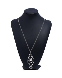 Linked Hollow Hoops Pendant Long Chain Fashion Necklace - Silver