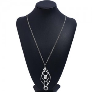 Linked Hollow Hoops Pendant Long Chain Fashion Necklace - Silver
