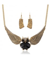 Rhinestone Embellished Vintage Wings Nigh Owl High Fashion Necklace and Earrings Set