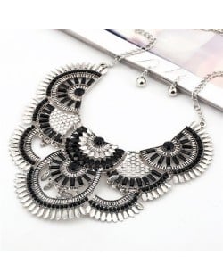 Resin Beads Hollow Flowers Combo Chunky Design Statement Necklace and Earrings Set - Black