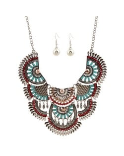 Resin Beads Hollow Flowers Combo Chunky Design Statement Necklace and Earrings Set - Multicolor