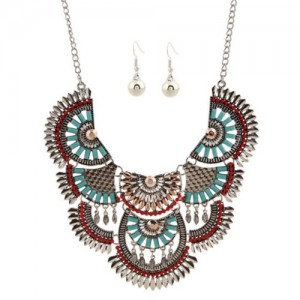 Resin Beads Hollow Flowers Combo Chunky Design Statement Necklace and Earrings Set - Multicolor