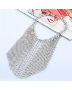 Multiple Chains Tassel Design Chunky Style High Fashion Statement Necklace - Silver