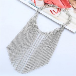 Multiple Chains Tassel Design Chunky Style High Fashion Statement Necklace - Silver