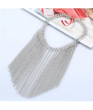 Multiple Chains Tassel Design Chunky Style High Fashion Statement Necklace - Silver