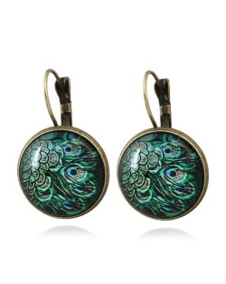 Peacock Feather Round Glass Gem High Fashion Clip Earrings - Vintage Copper