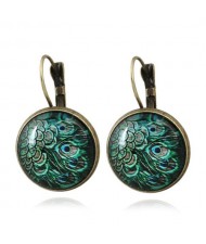 Peacock Feather Round Glass Gem High Fashion Clip Earrings - Vintage Copper