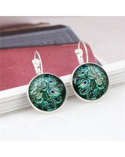 Peacock Feather Round Glass Gem High Fashion Clip Earrings - Silver